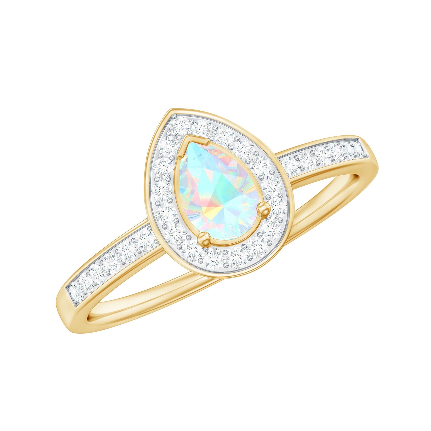 Natural 5X7mm Opalescent Teardrop Engagement Ring with Diamond Halo
