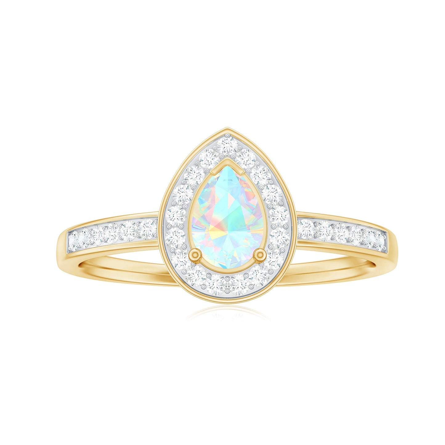 Natural 5X7mm Opalescent Teardrop Engagement Ring with Diamond Halo
