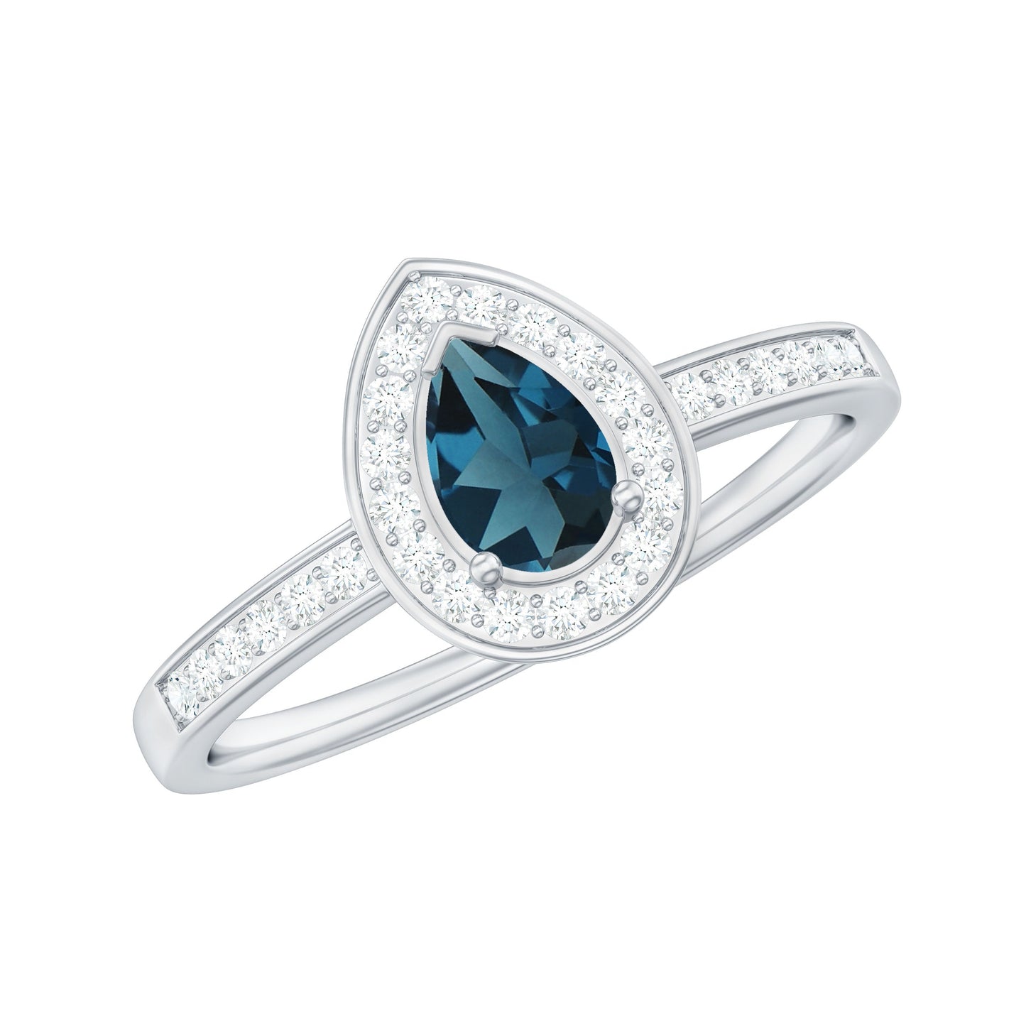 5X7MM Pear Shaped London Blue Topaz Engagement Ring with Real Diamond Halo