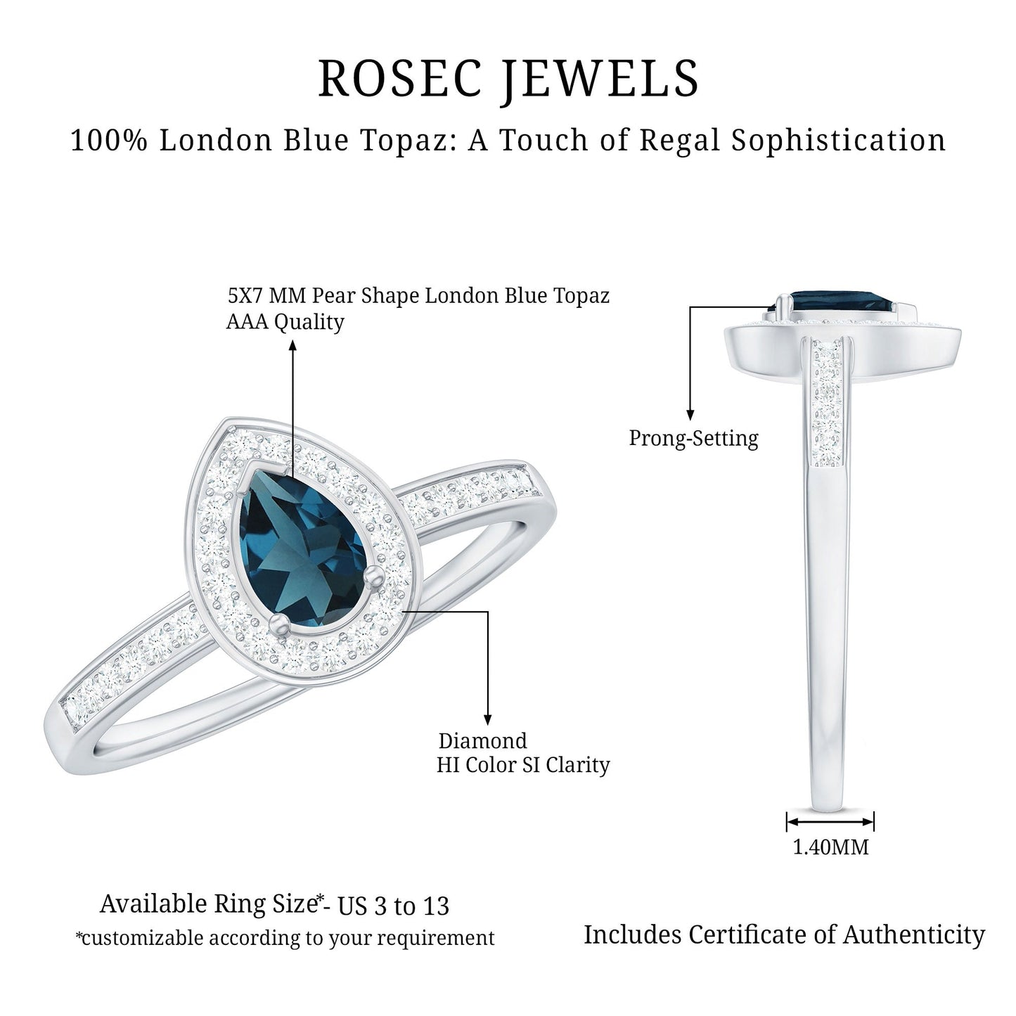 5X7MM Pear Shaped London Blue Topaz Engagement Ring with Real Diamond Halo