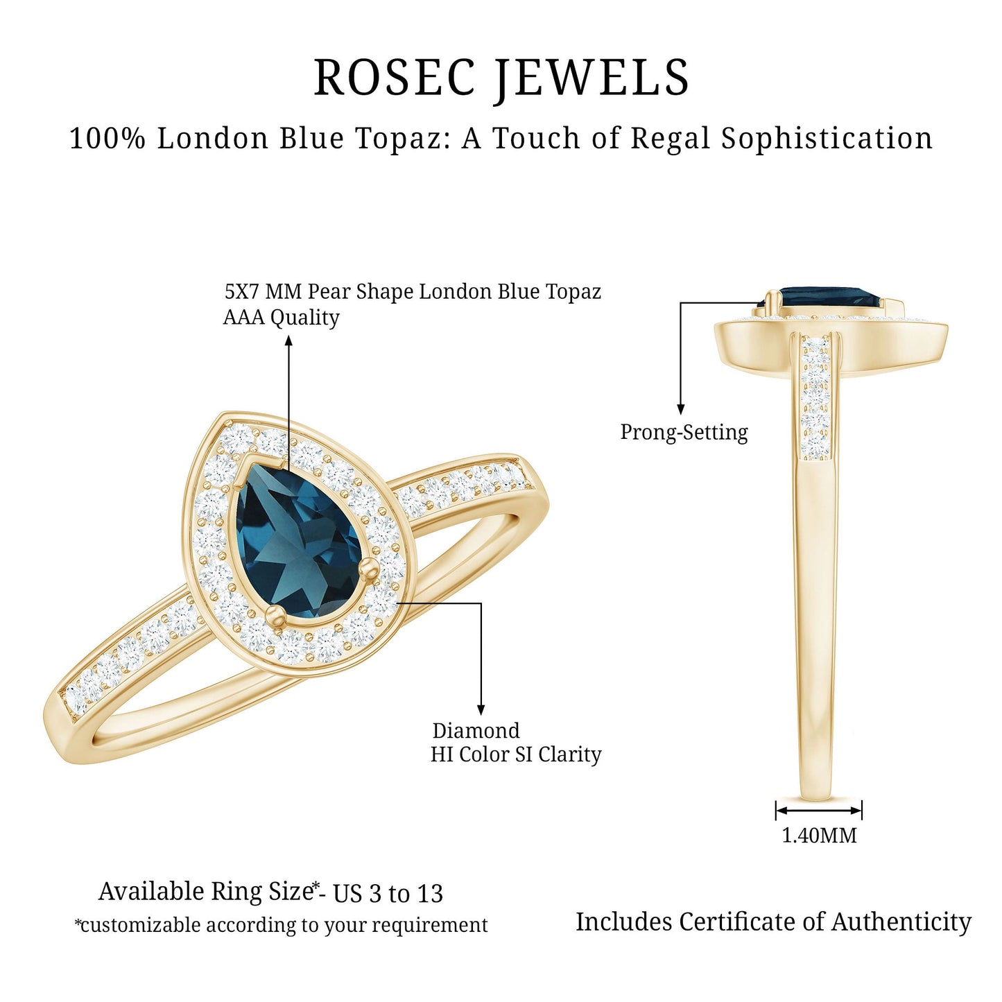 5X7MM Pear Shaped London Blue Topaz Engagement Ring with Real Diamond Halo
