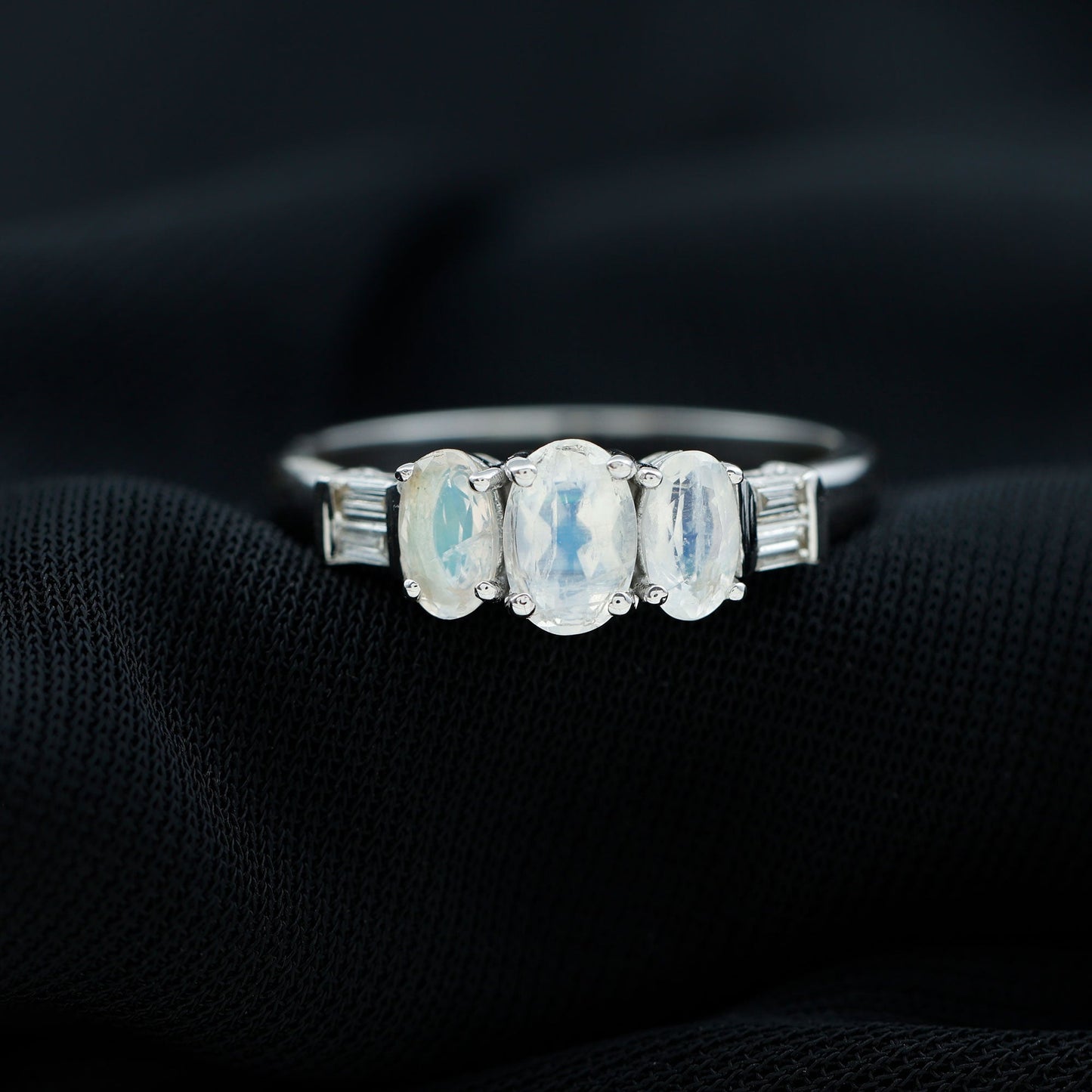1 Carat Oval Moonstone Three Stone Anniversary Ring