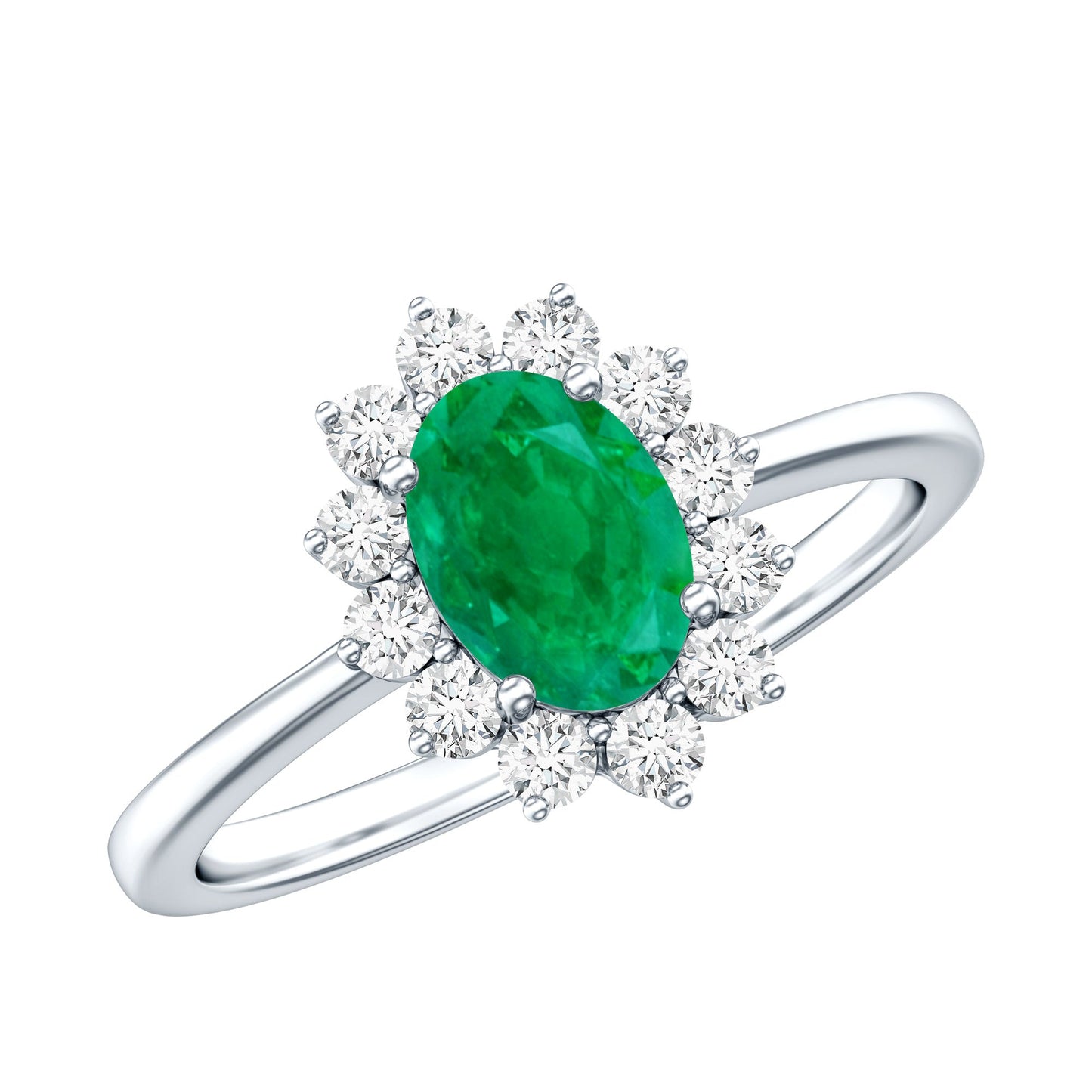 Natural 5X7mm Emerald Oval Engagement Ring with Diamond Halo