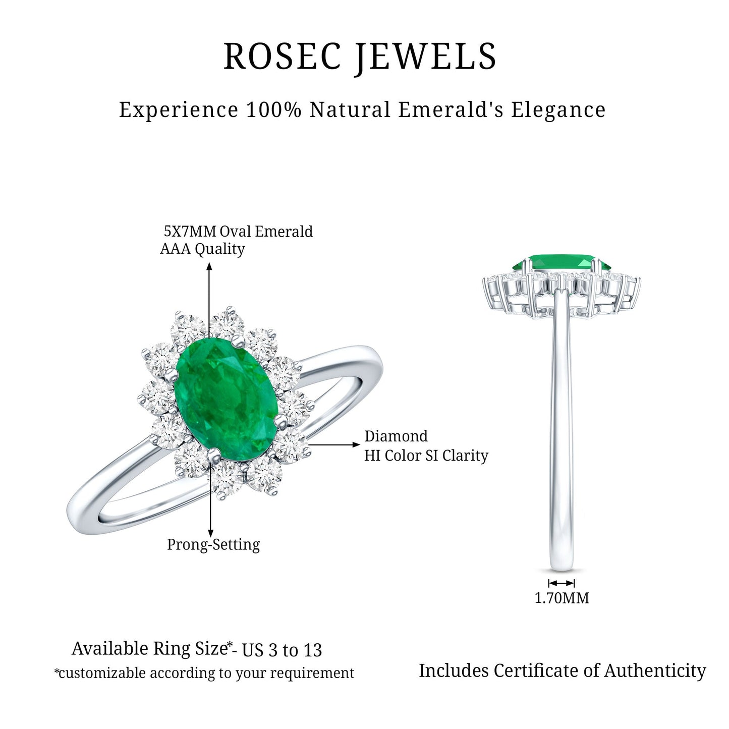 Natural 5X7mm Emerald Oval Engagement Ring with Diamond Halo