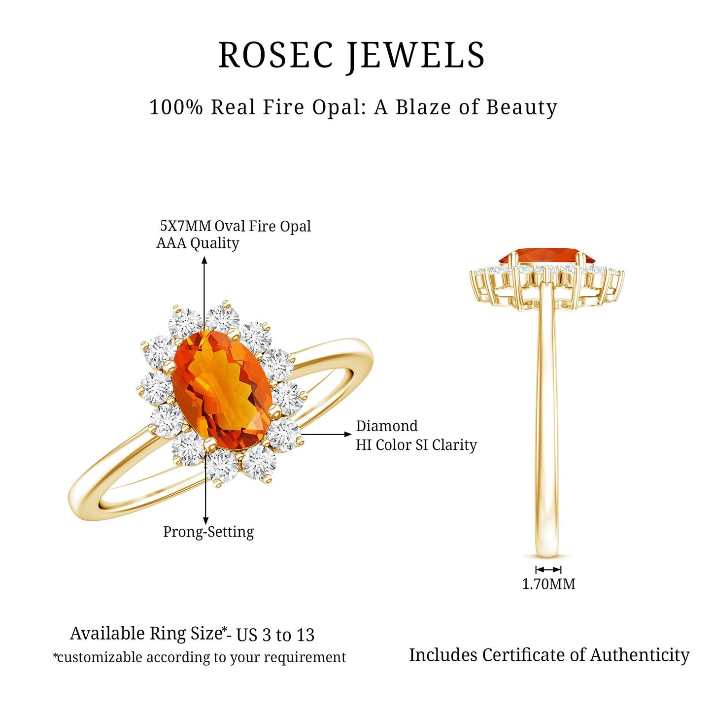 1 CT Princess Diana Inspired Fire Opal and Diamond Engagement Ring