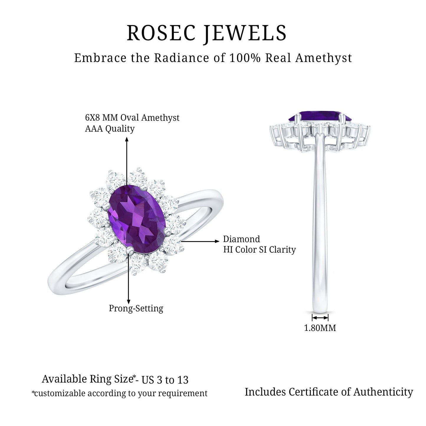 1.5 CT Princess Diana Inspired Amethyst Engagement Ring Diamond Halo