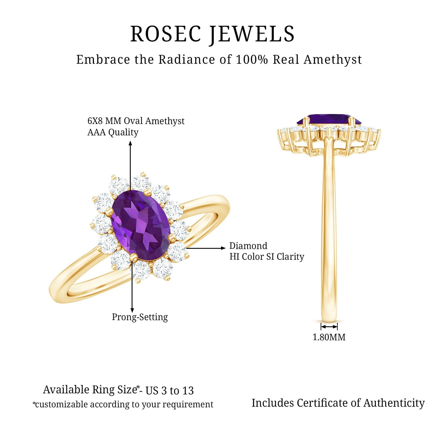 1.5 CT Princess Diana Inspired Amethyst Engagement Ring Diamond Halo