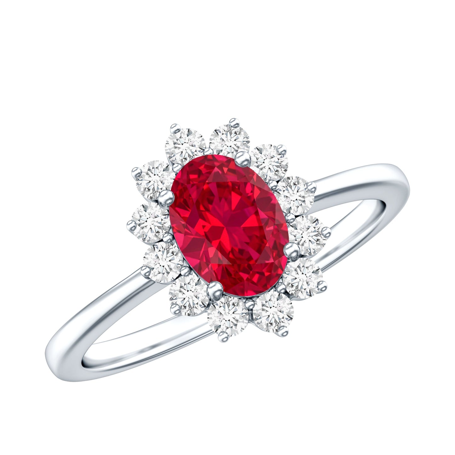 Princess Diana Inspired Oval Cut Created Ruby Engagement Ring Diamond Halo