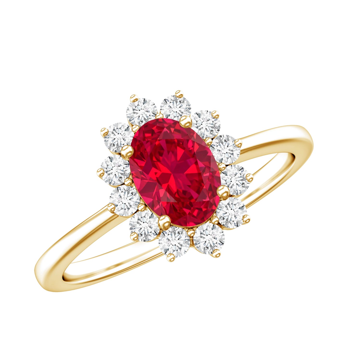 Princess Diana Inspired Oval Cut Created Ruby Engagement Ring Diamond Halo
