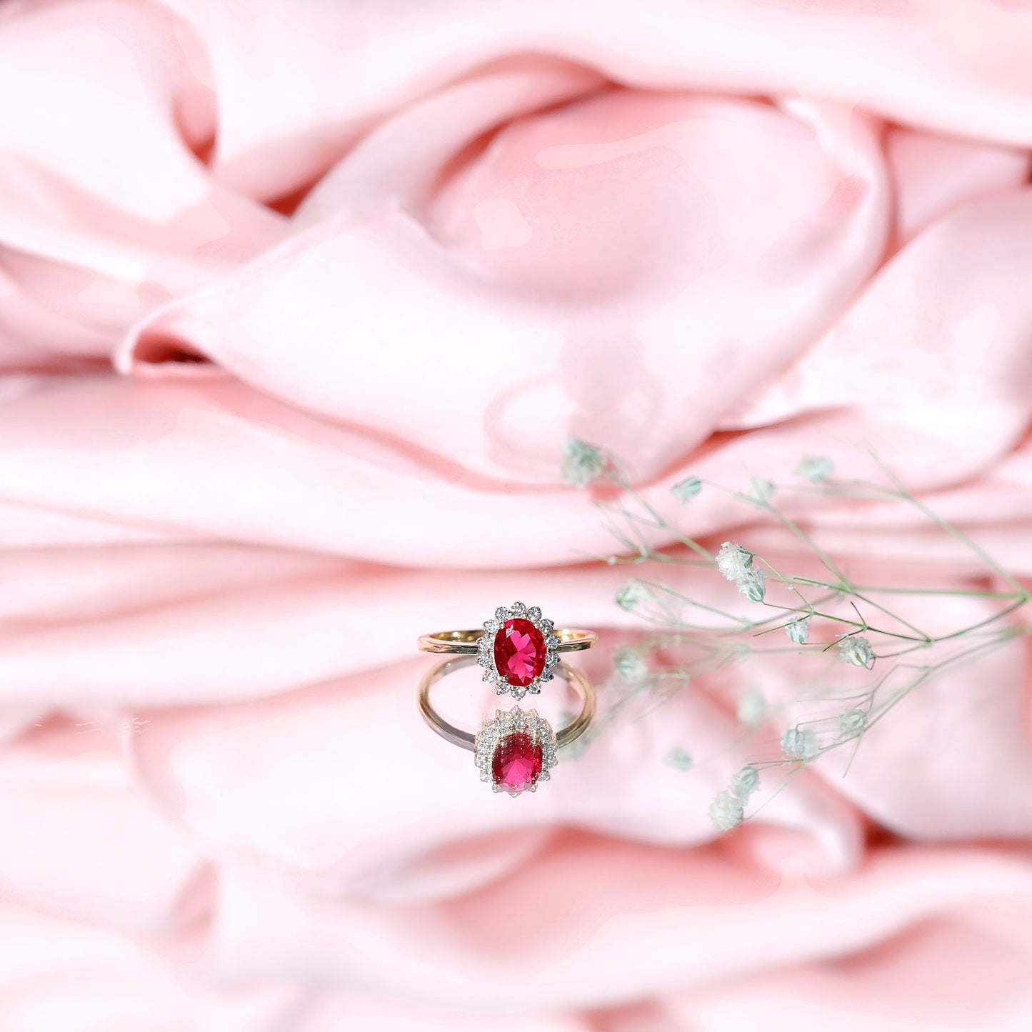 Princess Diana Inspired Oval Cut Created Ruby Engagement Ring Diamond Halo