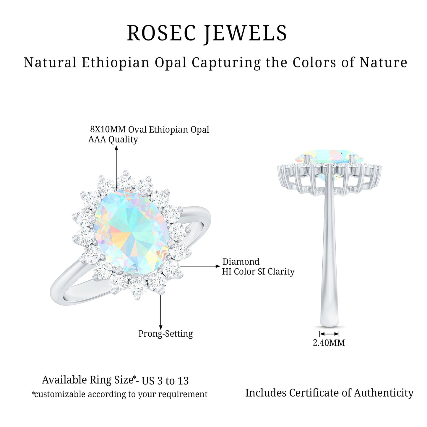 Natural 8X10mm Ethiopian Rainbow Opal Oval Engagement Ring with Diamond Halo