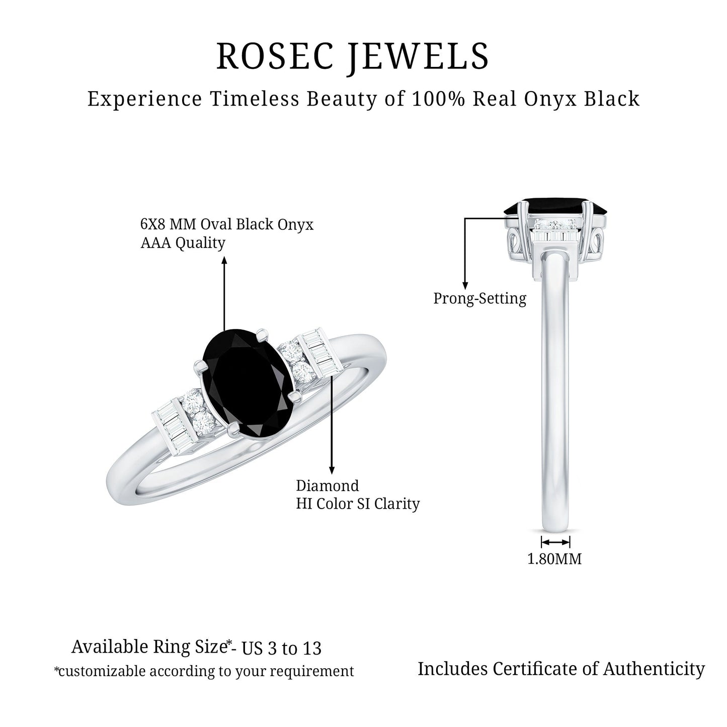 6X8mm Oval Cut Black Onyx Solitaire Engagement Ring with Diamond