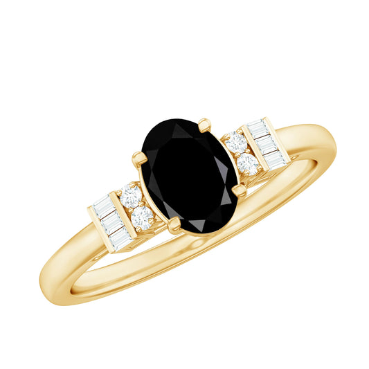 6X8mm Oval Cut Black Onyx Solitaire Engagement Ring with Diamond