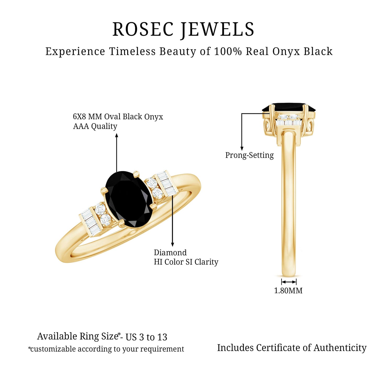 6X8mm Oval Cut Black Onyx Solitaire Engagement Ring with Diamond