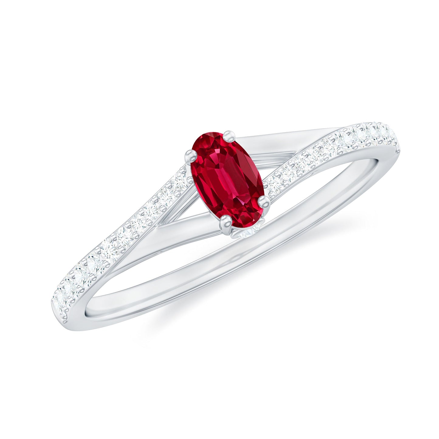 1/2 CT Split Shank Lab Grown Ruby Simple Solitaire Ring with Diamond