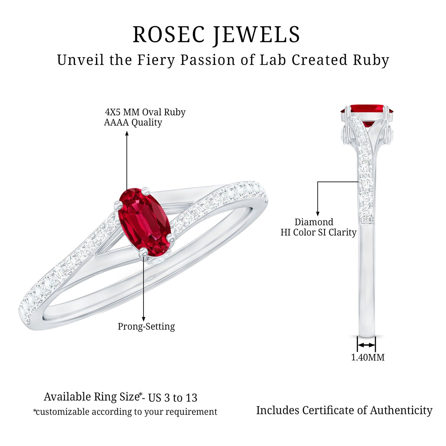 1/2 CT Split Shank Lab Grown Ruby Simple Solitaire Ring with Diamond