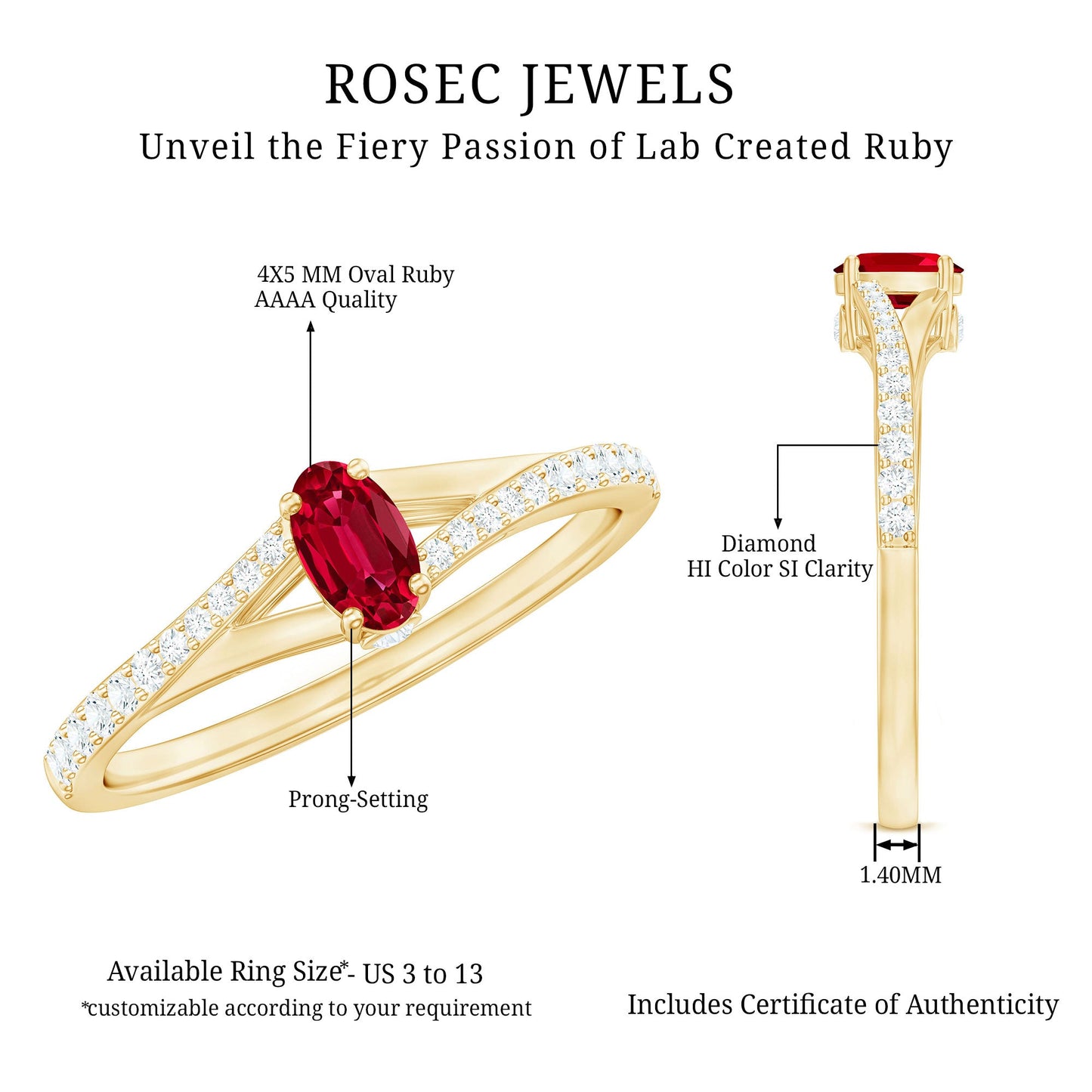 1/2 CT Split Shank Lab Grown Ruby Simple Solitaire Ring with Diamond