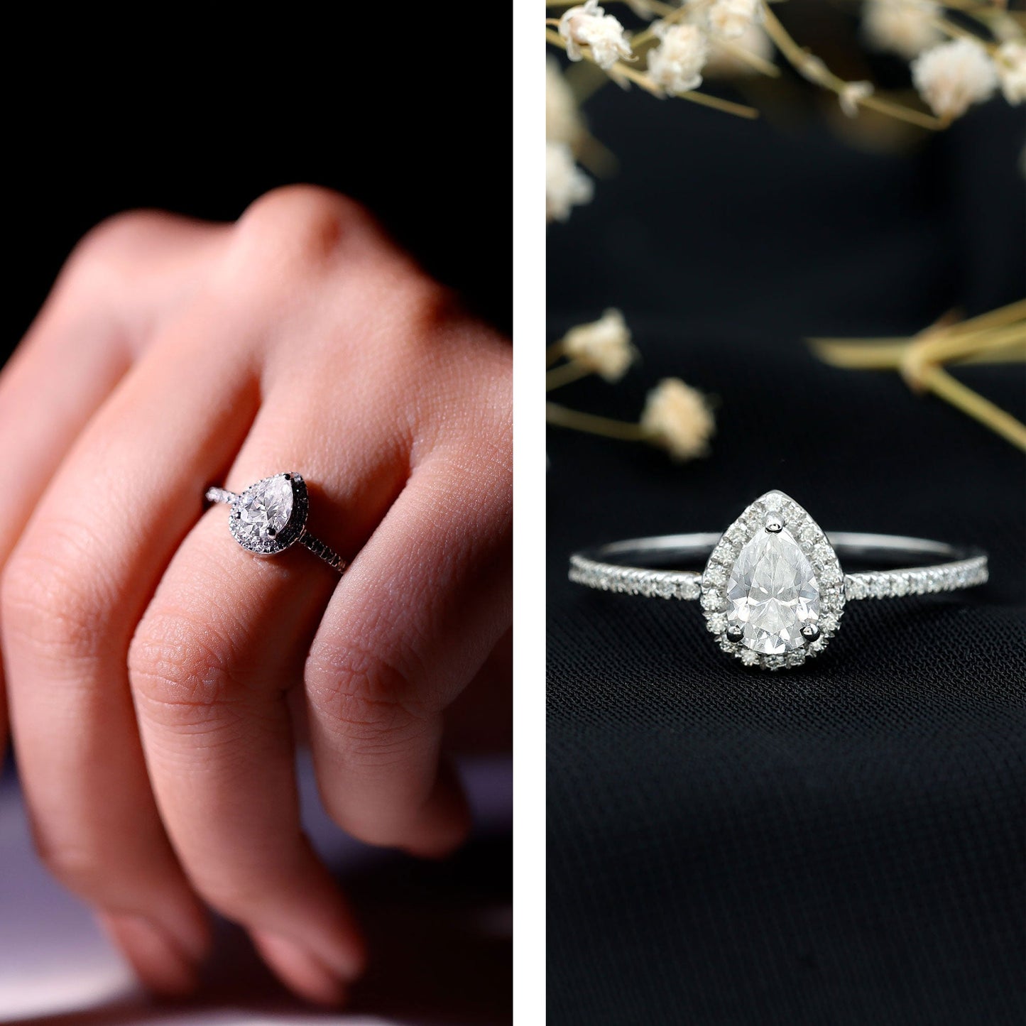 5X7 MM Pear Shaped Moissanite Halo Engagement Ring