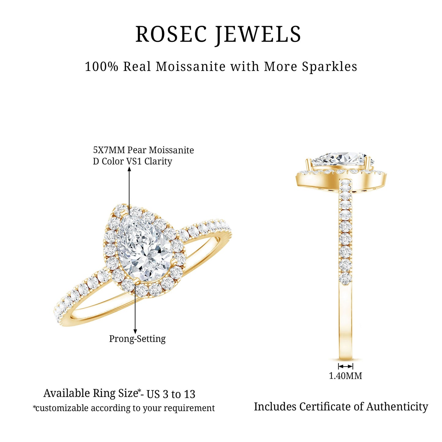 5X7 MM Pear Shaped Moissanite Halo Engagement Ring