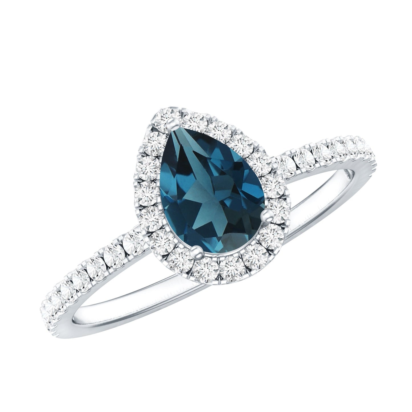 5X7mm Pear Shape London Blue Topaz Teardrop Engagement Ring with Moissanite Halo
