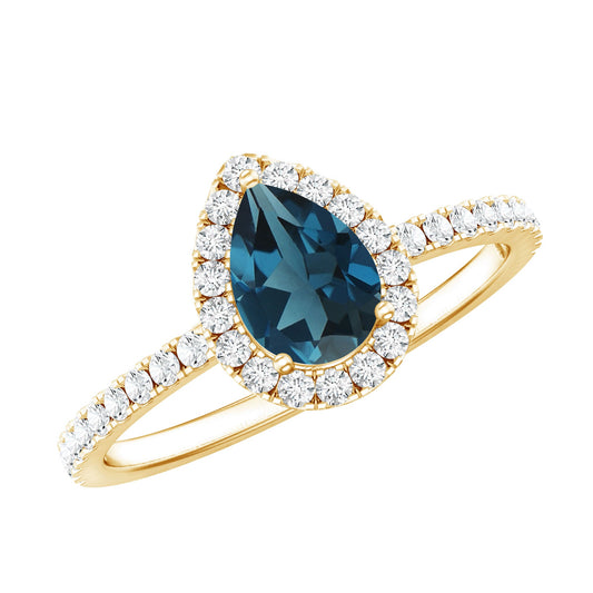 5X7mm Pear Shape London Blue Topaz Teardrop Engagement Ring with Moissanite Halo