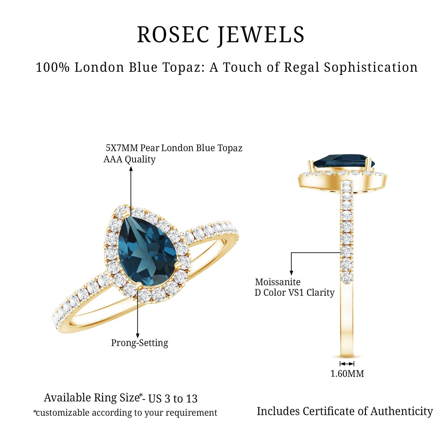 5X7mm Pear Shape London Blue Topaz Teardrop Engagement Ring with Moissanite Halo