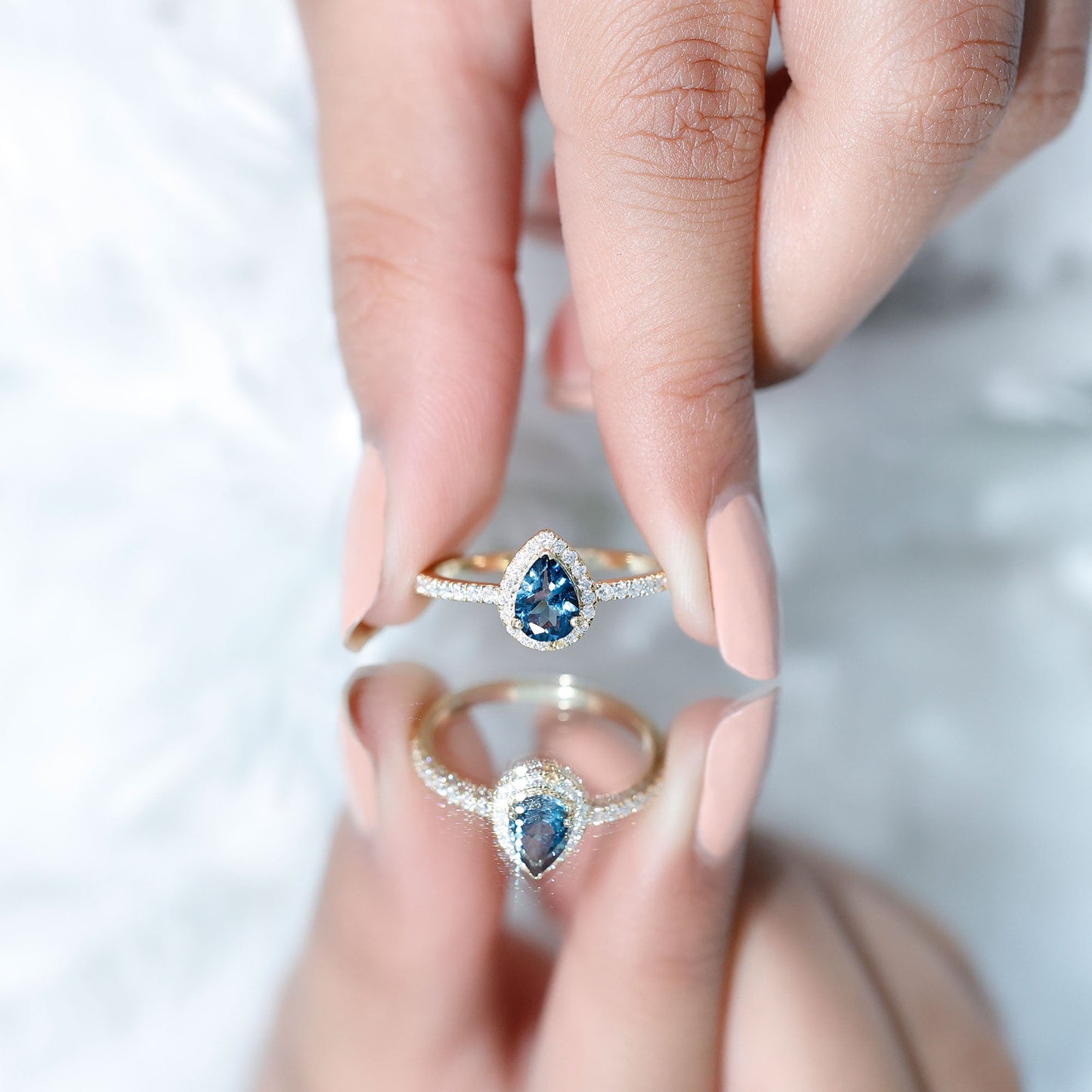 5X7mm Pear Shape London Blue Topaz Teardrop Engagement Ring with Moissanite Halo