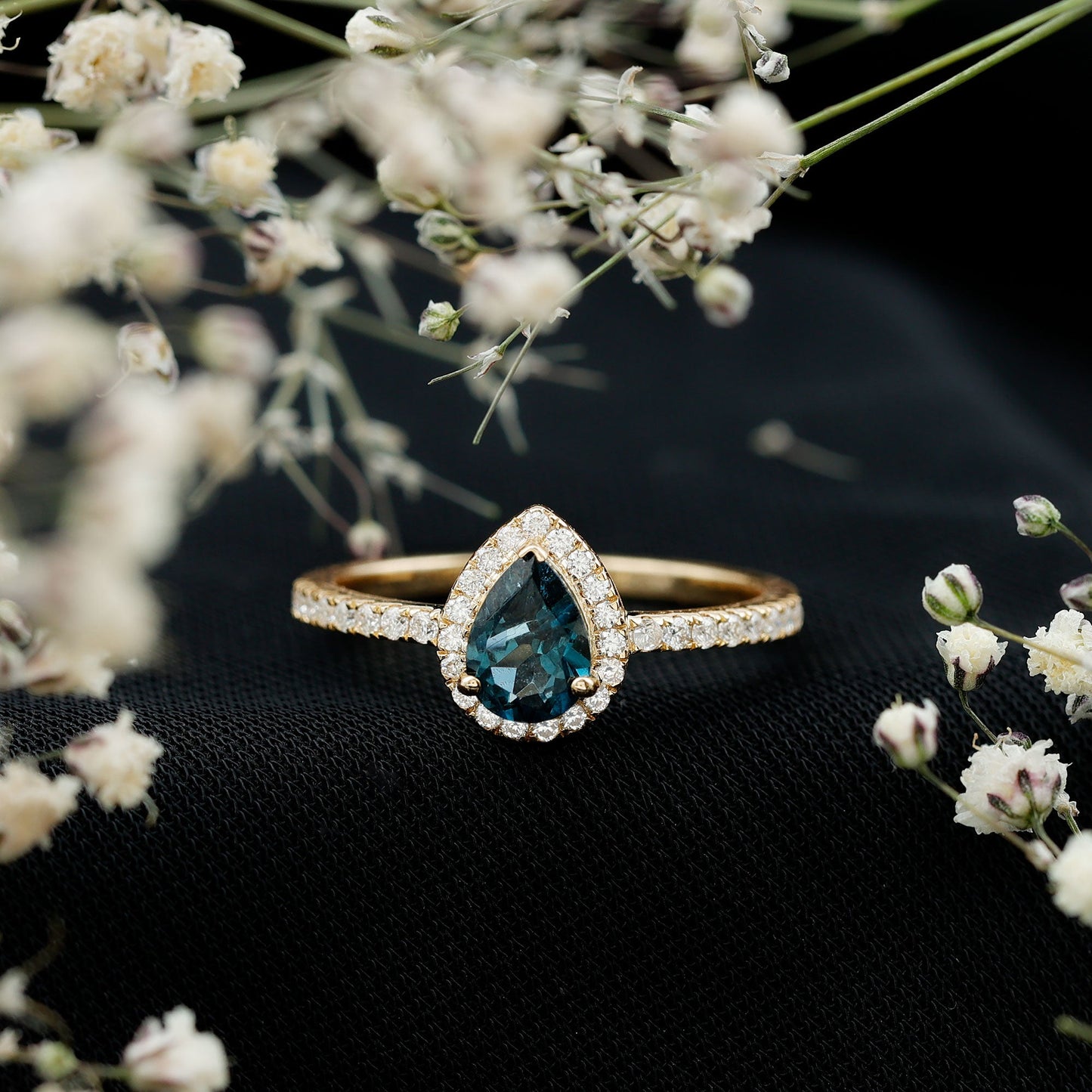 5X7mm Pear Shape London Blue Topaz Teardrop Engagement Ring with Moissanite Halo