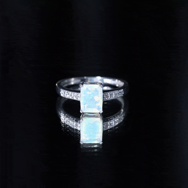 Genuine 6X8mm Ethiopian Opal Emerald Cut Engagement Ring with Diamond