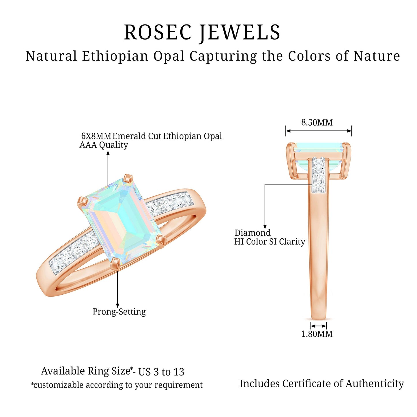 Genuine 6X8mm Ethiopian Opal Emerald Cut Engagement Ring with Diamond