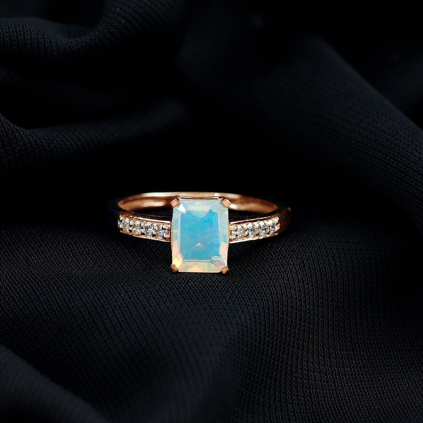 Genuine 6X8mm Ethiopian Opal Emerald Cut Engagement Ring with Diamond