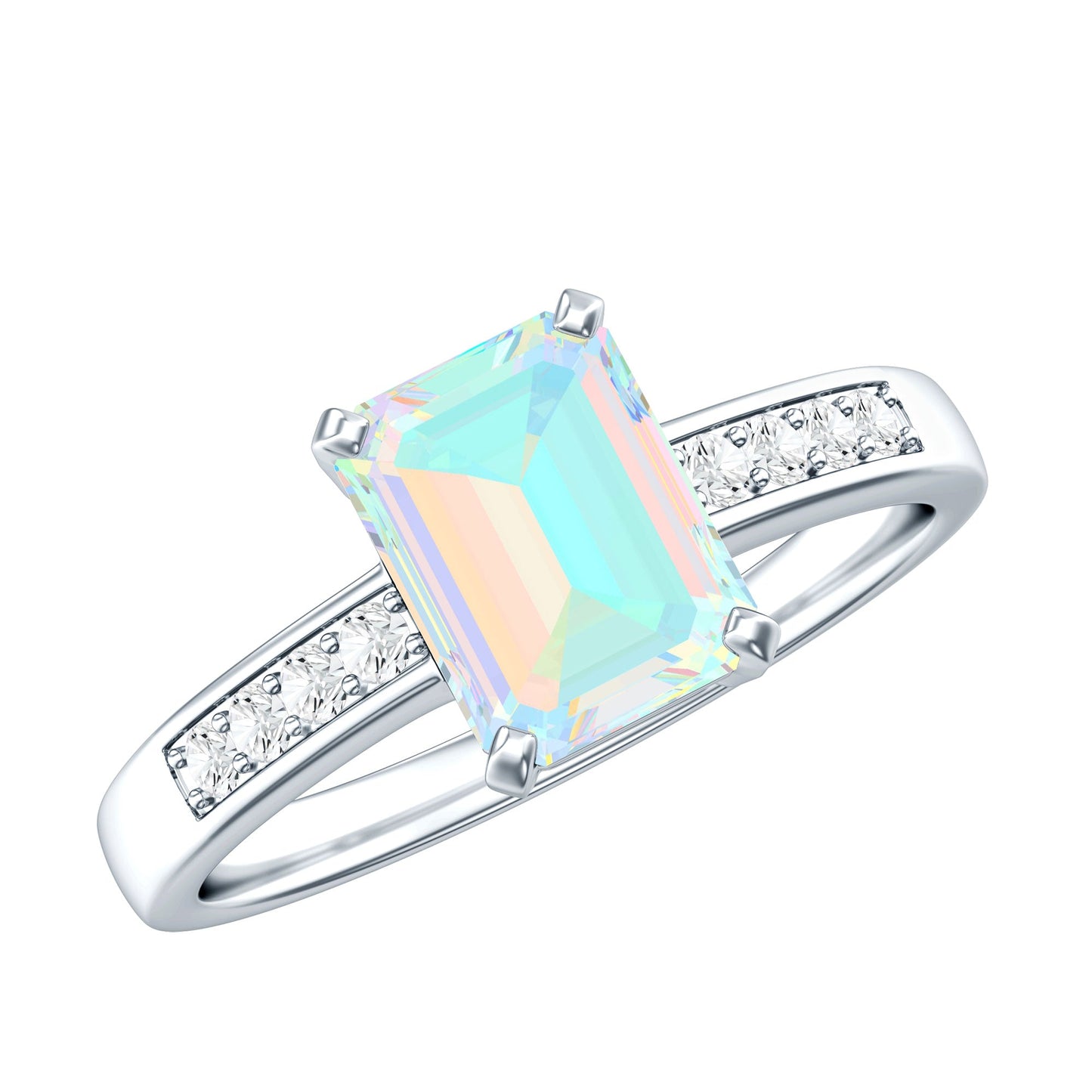 Genuine 6X8mm Ethiopian Opal Emerald Cut Engagement Ring with Diamond