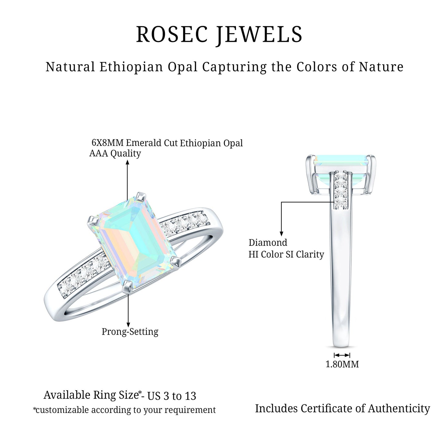 Genuine 6X8mm Ethiopian Opal Emerald Cut Engagement Ring with Diamond