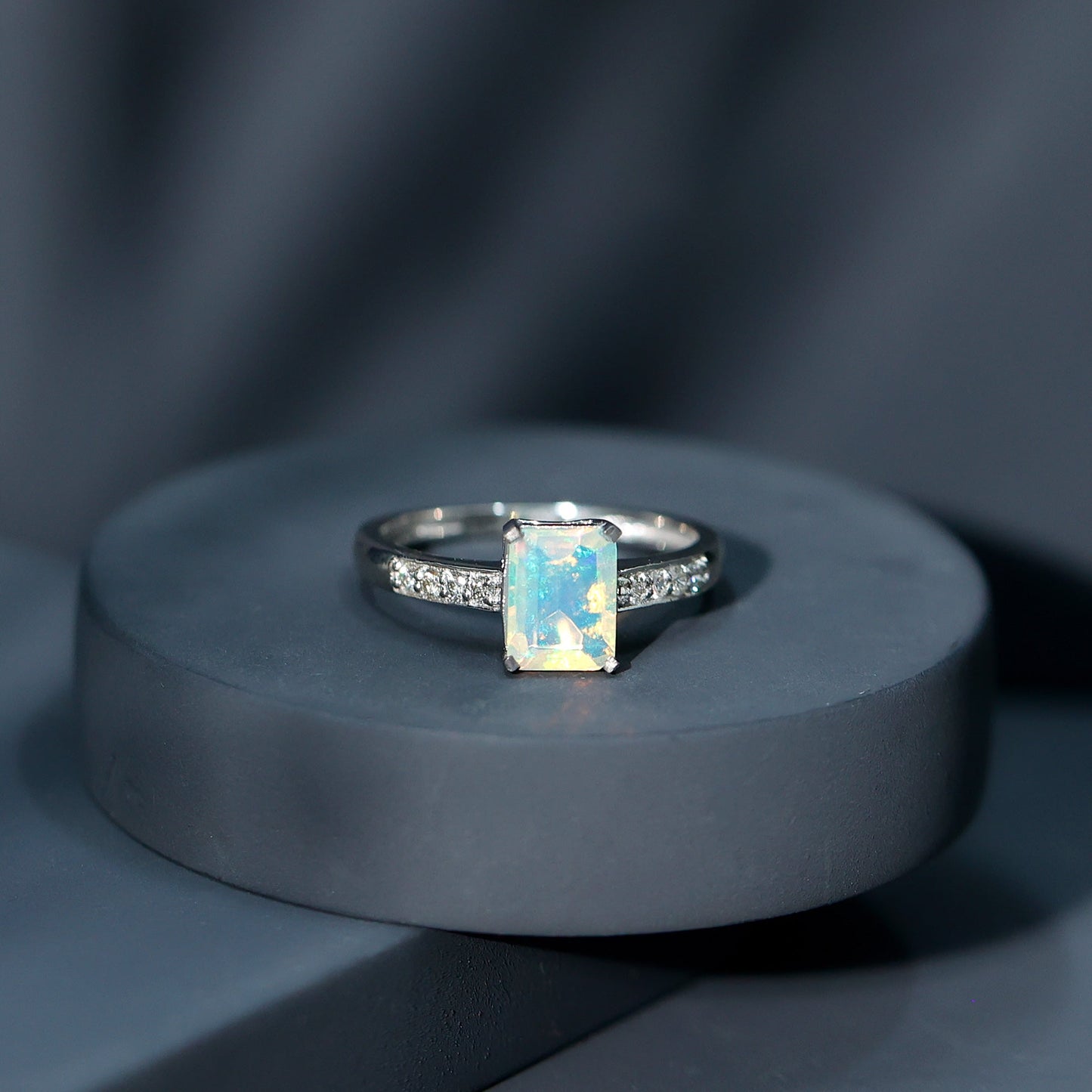 Genuine 6X8mm Ethiopian Opal Emerald Cut Engagement Ring with Diamond