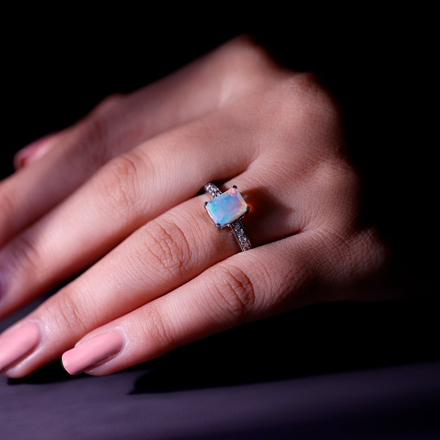 Genuine 6X8mm Ethiopian Opal Emerald Cut Engagement Ring with Diamond