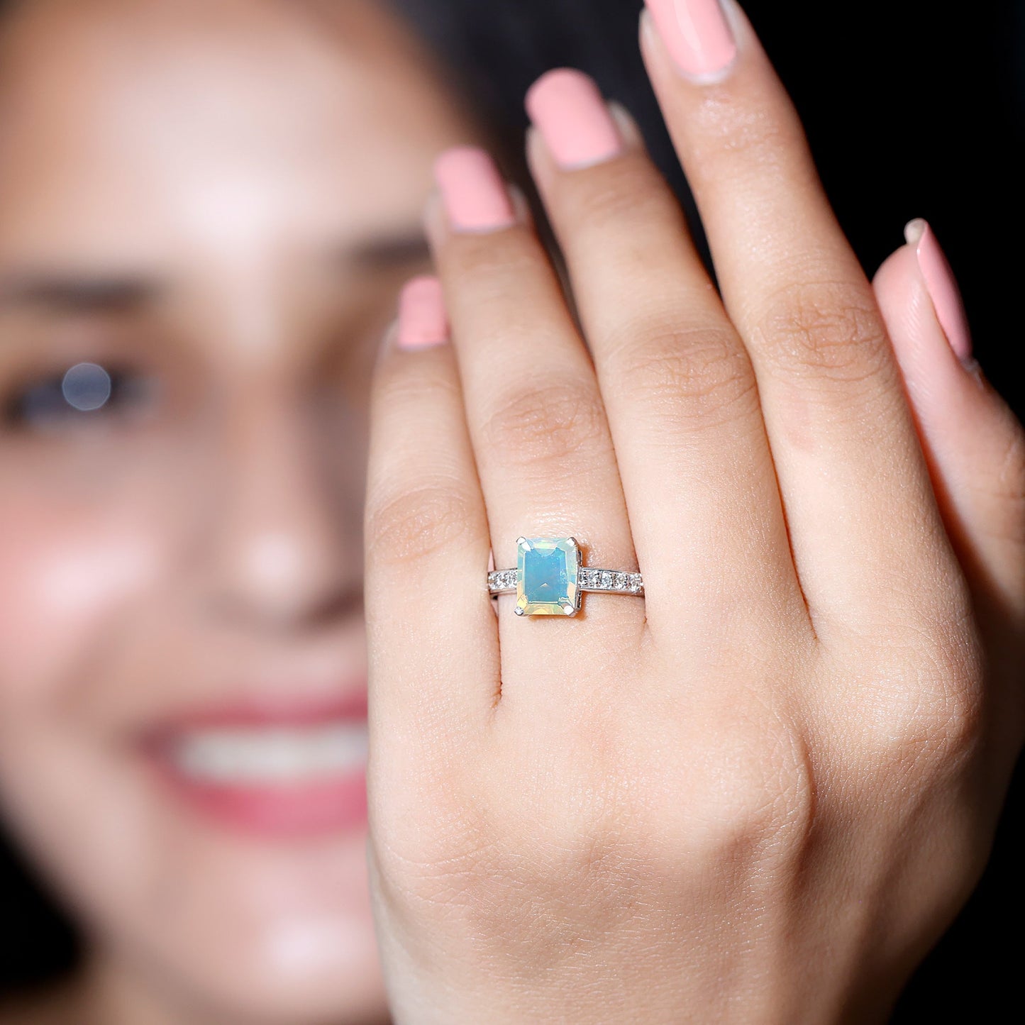 Genuine 6X8mm Ethiopian Opal Emerald Cut Engagement Ring with Diamond