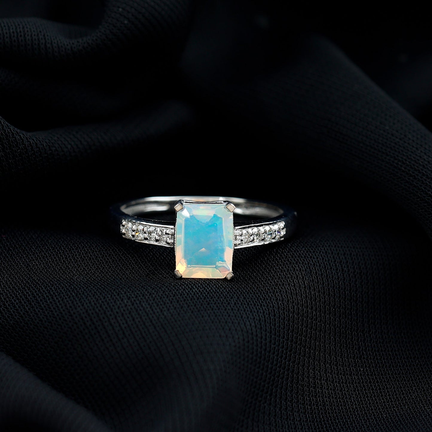 Genuine 6X8mm Ethiopian Opal Emerald Cut Engagement Ring with Diamond