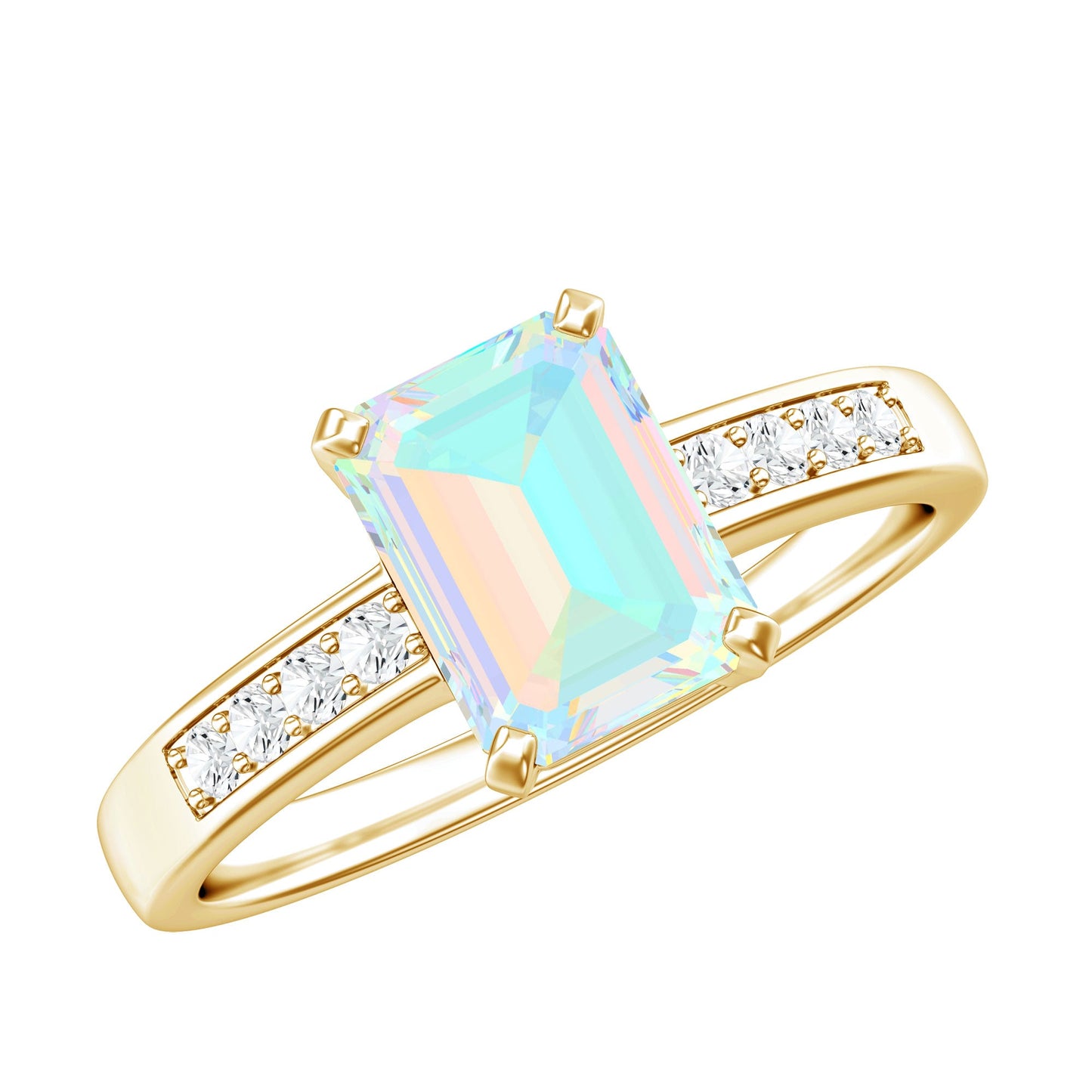 Genuine 6X8mm Ethiopian Opal Emerald Cut Engagement Ring with Diamond