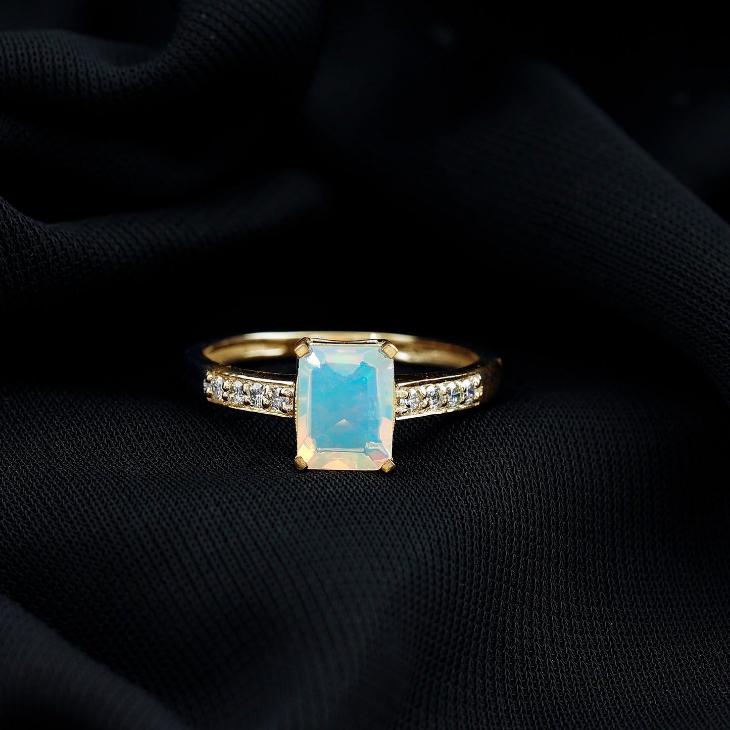 Genuine 6X8mm Ethiopian Opal Emerald Cut Engagement Ring with Diamond