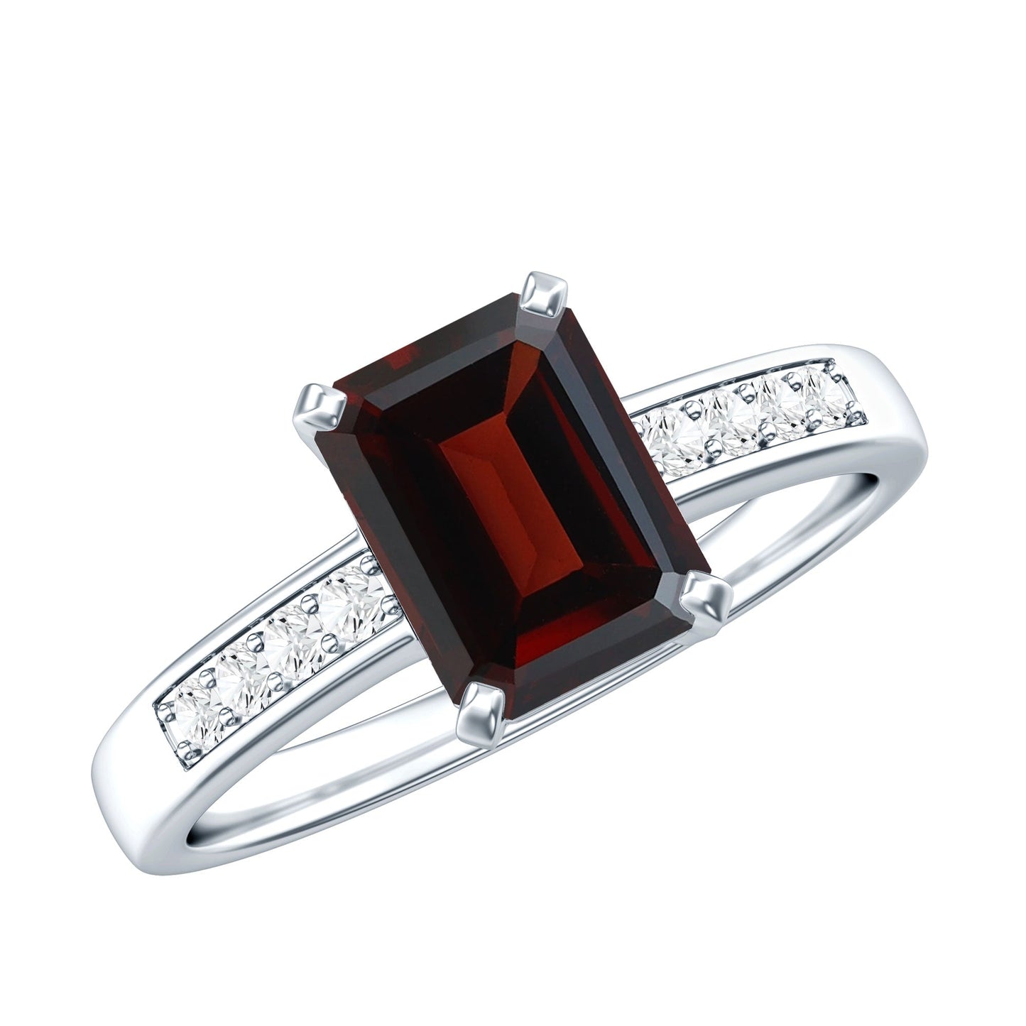 Certified Natural 6X8mm Garnet Emerald Cut Engagement Ring with Diamond