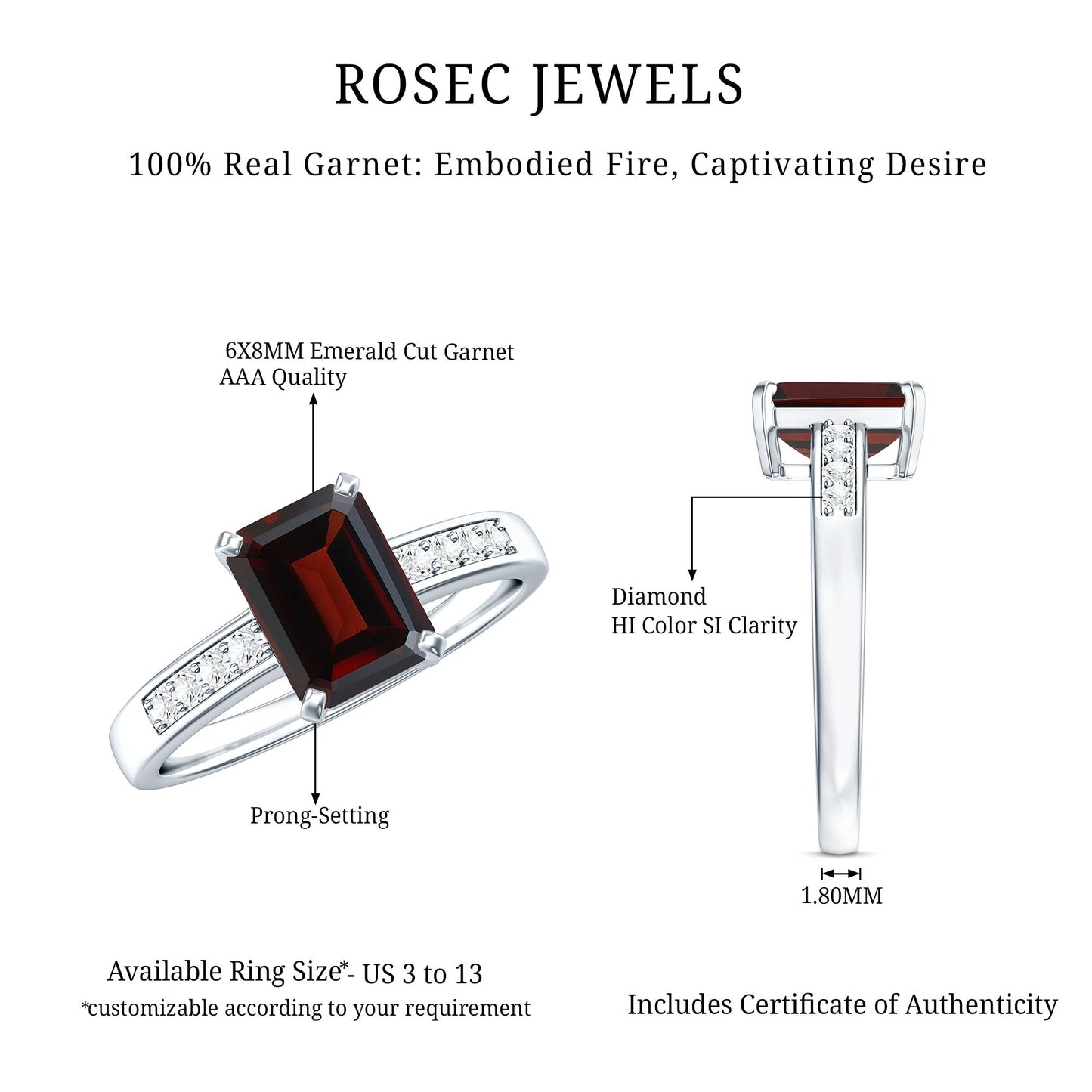 Certified Natural 6X8mm Garnet Emerald Cut Engagement Ring with Diamond