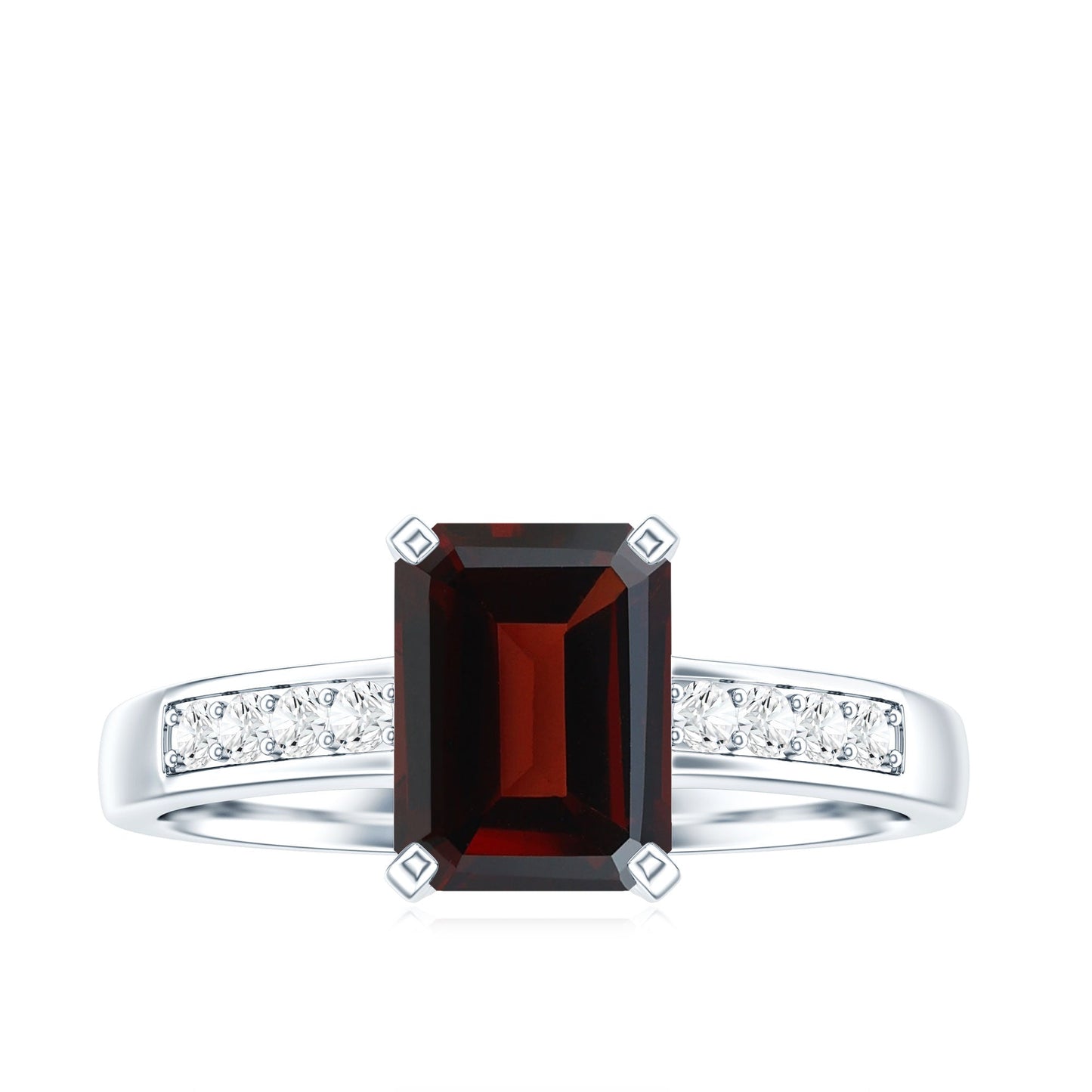 Certified Natural 6X8mm Garnet Emerald Cut Engagement Ring with Diamond