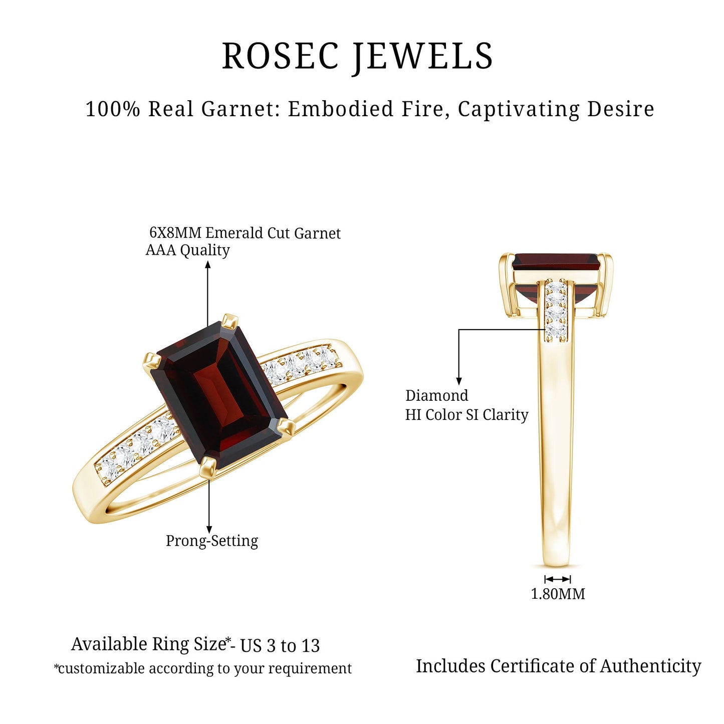 Certified Natural 6X8mm Garnet Emerald Cut Engagement Ring with Diamond