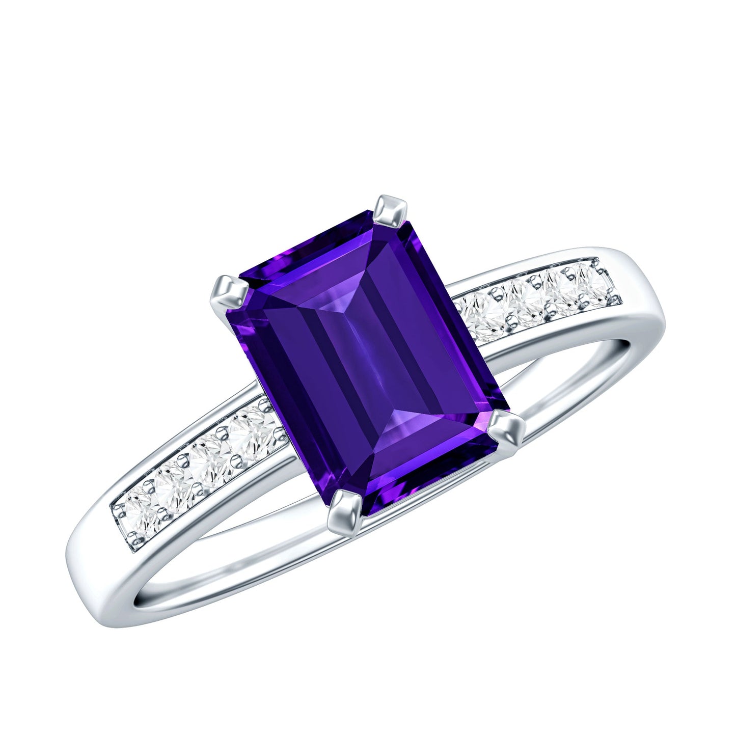 Octagon Cut Amethyst Solitaire Engagement Ring with Diamond Side Stones