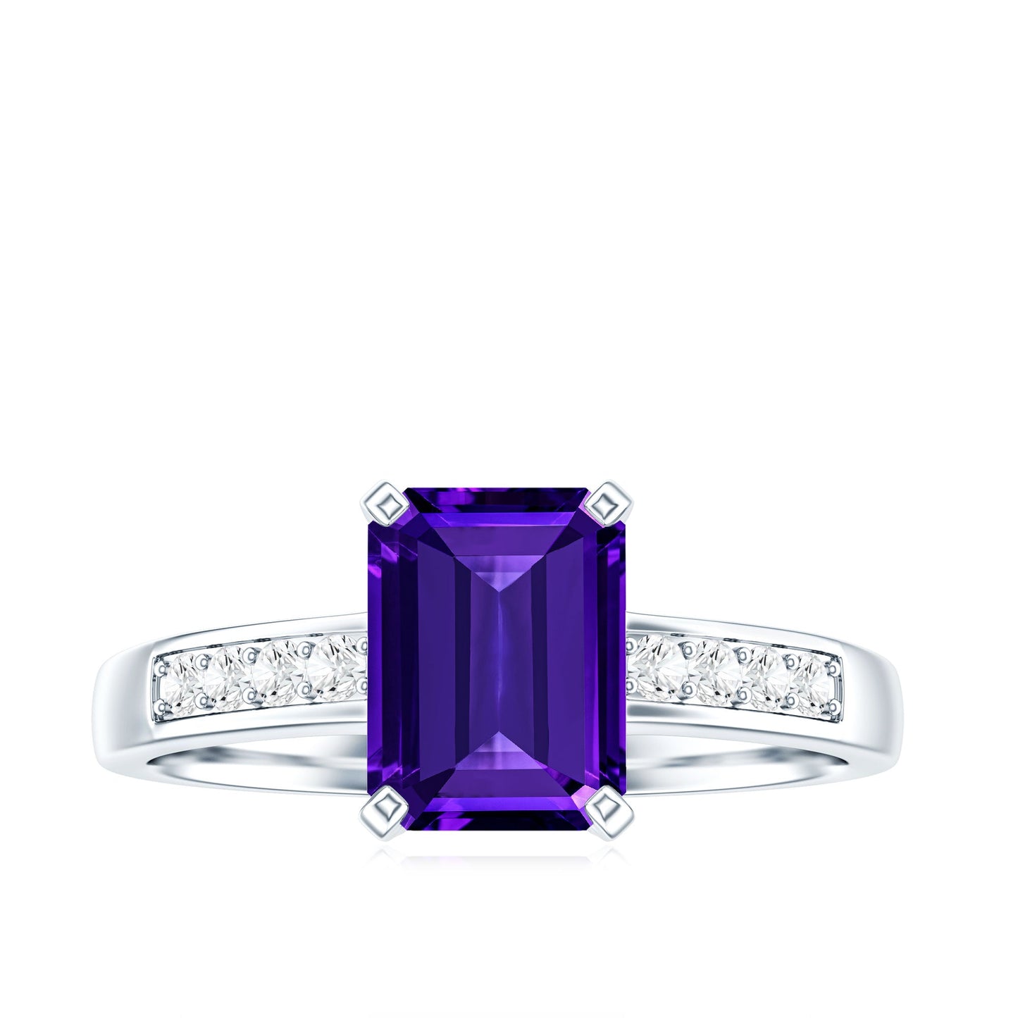 Octagon Cut Amethyst Solitaire Engagement Ring with Diamond Side Stones