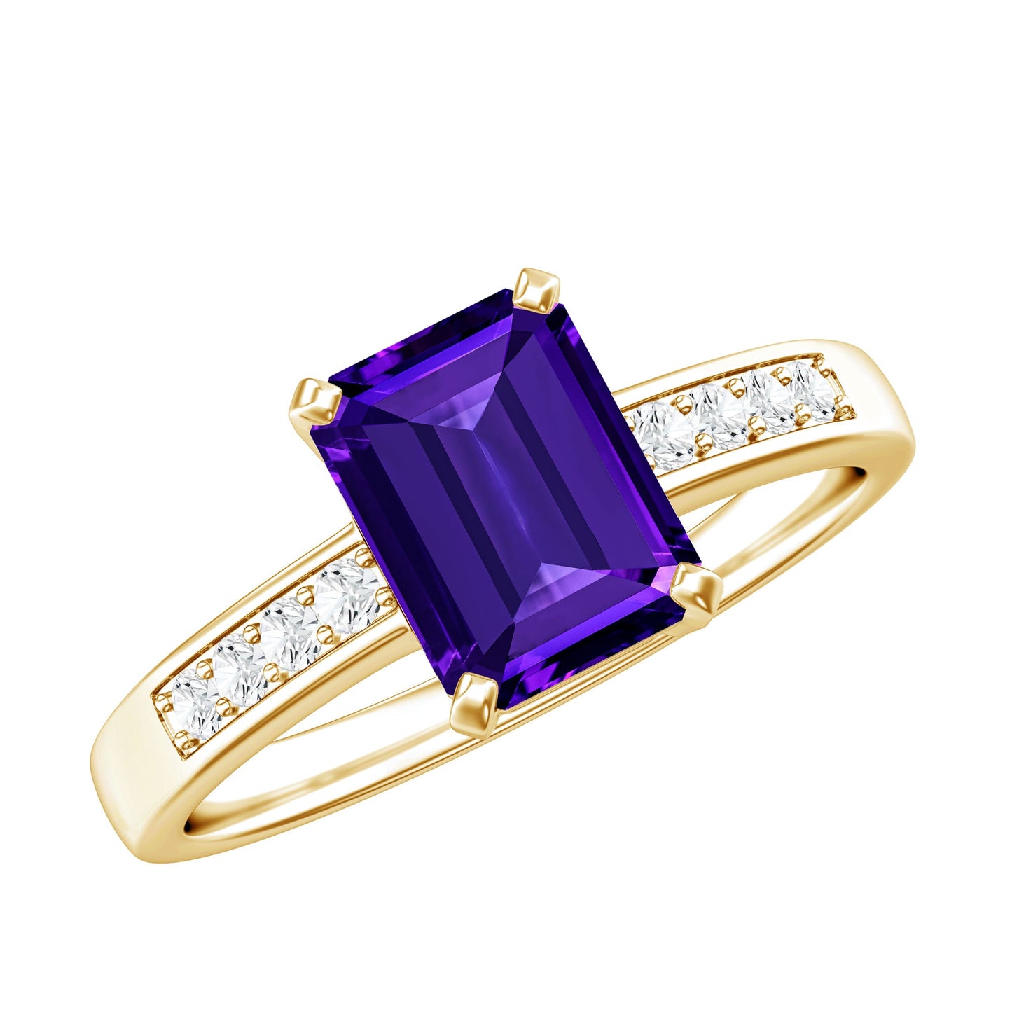 Octagon Cut Amethyst Solitaire Engagement Ring with Diamond Side Stones