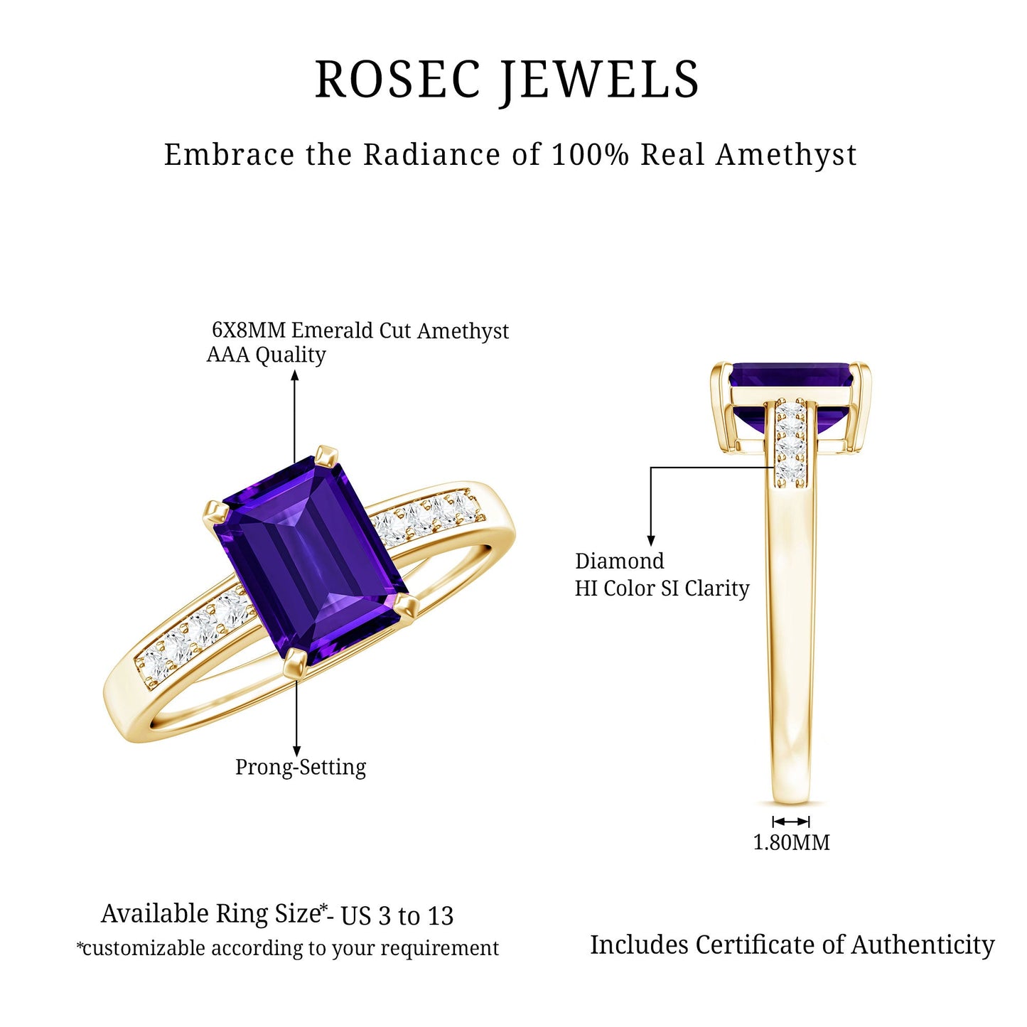 Octagon Cut Amethyst Solitaire Engagement Ring with Diamond Side Stones