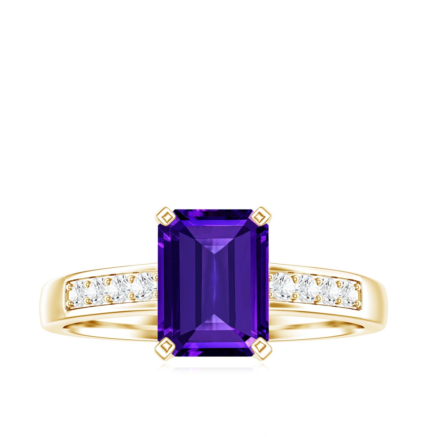 Octagon Cut Amethyst Solitaire Engagement Ring with Diamond Side Stones