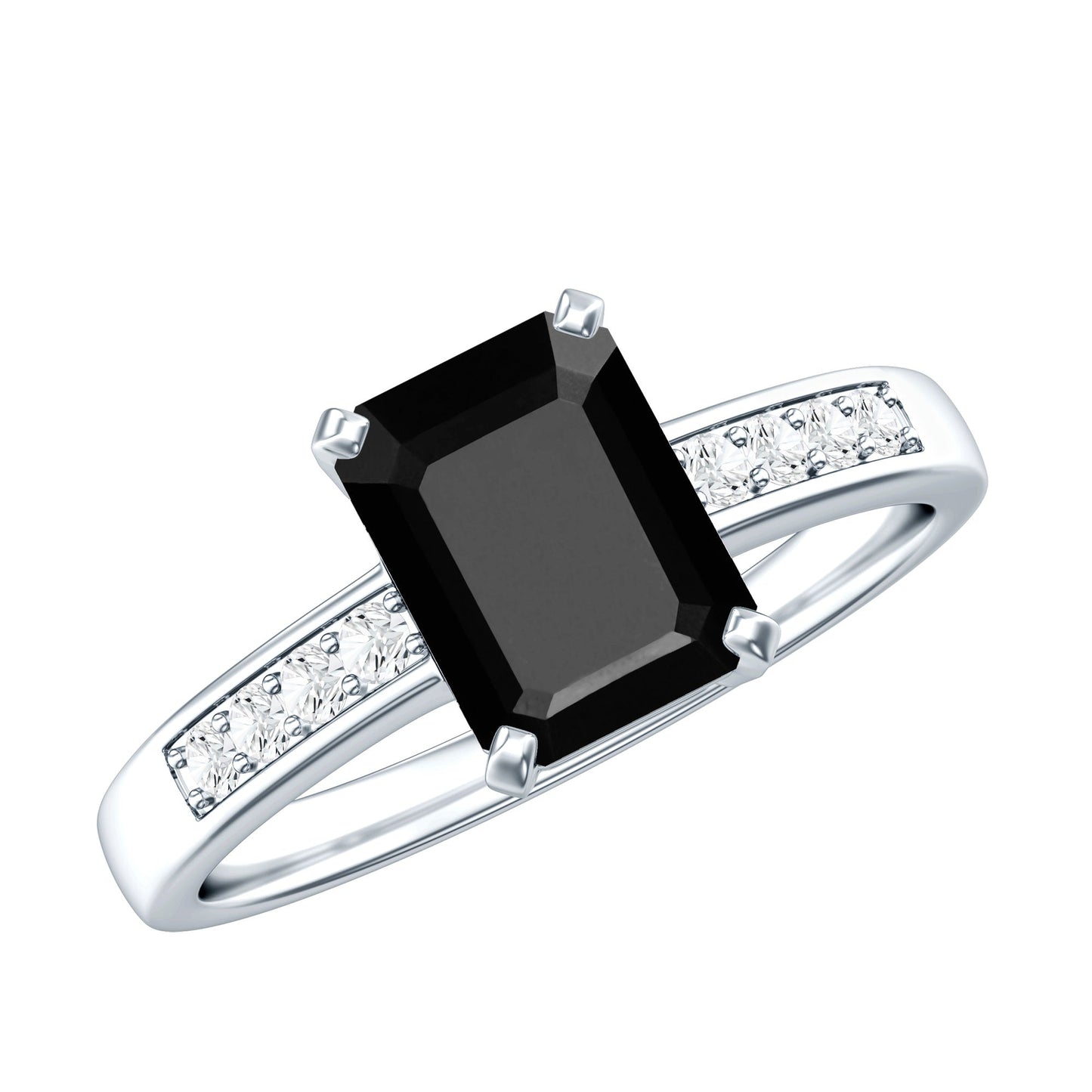 6X8mm Emerald Cut Black Onyx Engagement Ring with Diamond