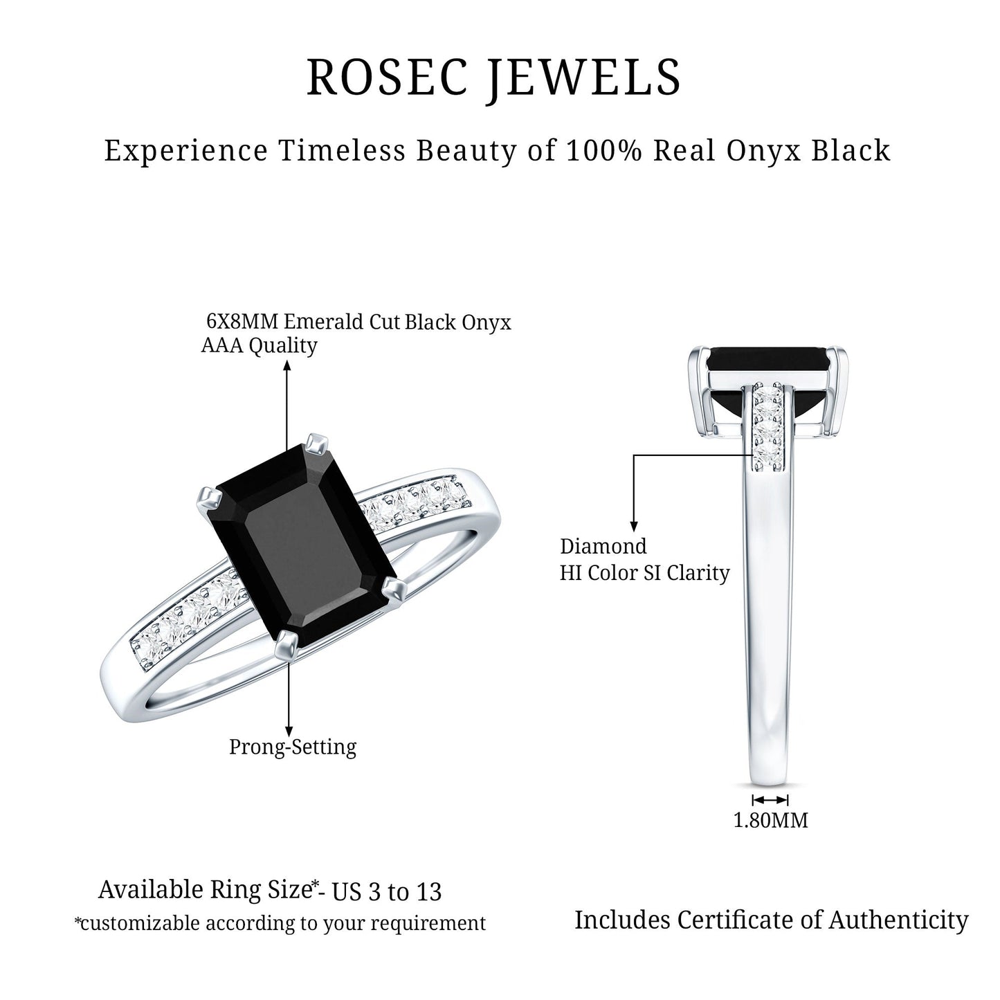 6X8mm Emerald Cut Black Onyx Engagement Ring with Diamond